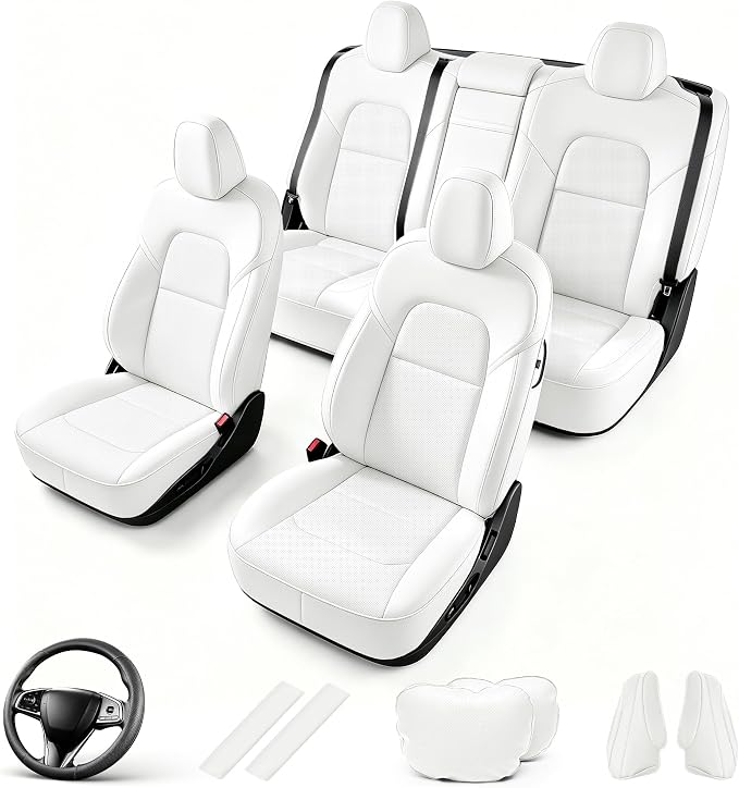 AOMSAZTO Custom Fit Seat Cover for Tesla Model 3 2017-2023(Not Performance) | Faux Leather,Waterproof,Airbag Compatible,5-Pieces Set with Seatbelt,Steering Wheel Covers,Side Bolster Cover&Headrests-Black by AOMSAZTO