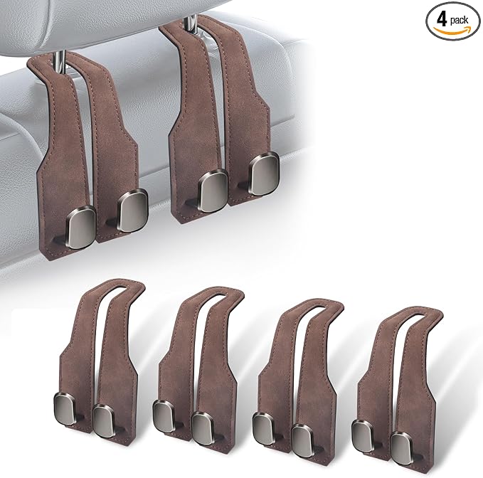 4 Pack Car Headrest Hooks, Dual Metal Hooks, Stylish Brown | Premium leather with dual metal hooks and anti-drop design. Holds purses, bags, coats, and groceries securely. by atFivoy