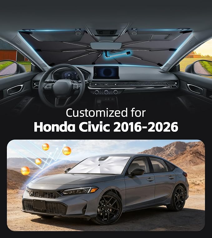 Windshield Sun Shade for Honda Civic 2016-2026 with 360° Rotating Shaft | Custom Fit Umbrella Sunshade for UV Blocking, Interior Heat Protection, Easy Storage, UPF 50+ Cool Windshield Cover - Image 2