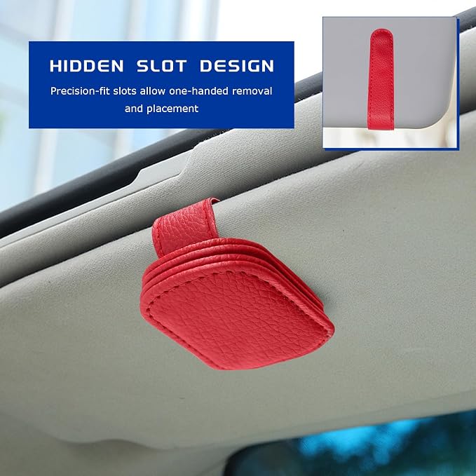 2 PCS Sunglass Holder for Car, Magnetic Leather Glasses Holder Auto Ticket Card Clip, Sun Visor Eyeglass Hanger Interior Accessories for Sedan Truck SUV, Car Accessories (Red) - Image 6
