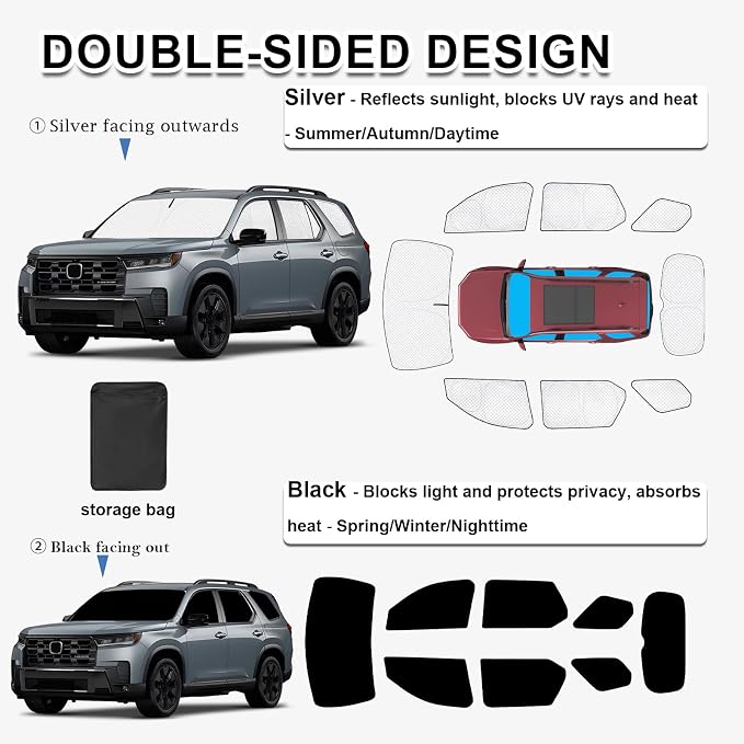 KMF 8pcs Thicken Sun Shades for Honda Pilot 2025 2026 Accessories, Full Car Window Covers for Windshield Side Rear, UV Block and Protect Privacy Blackout for Camping Outdoor - Image 4
