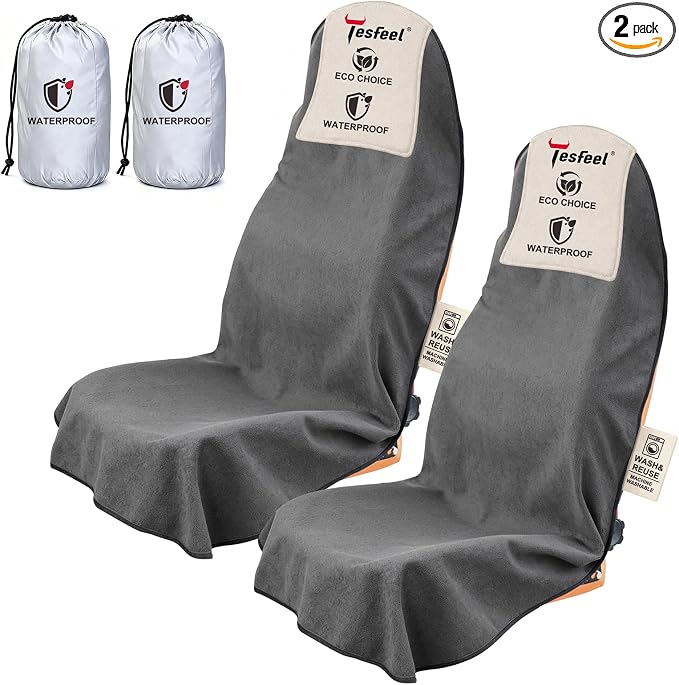 Towel Car Seat Covers for Sweat Protection, GRS Certified Recycled Microfiber Absorbent Front Seat Protector, Non-Slip Washable Universal Fit for Sedans SUV Minivans(2 Pack,Gray) by TESFEEL