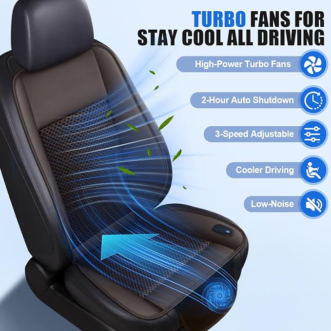 Cooling Car Seat Cushion – 3 Speeds Adjustable | Ventilated Car Seat Cover for Cars Without AC, Breathable Automotive Cooling Seat Cover, 12V Plug & Play, Brown - Image 3