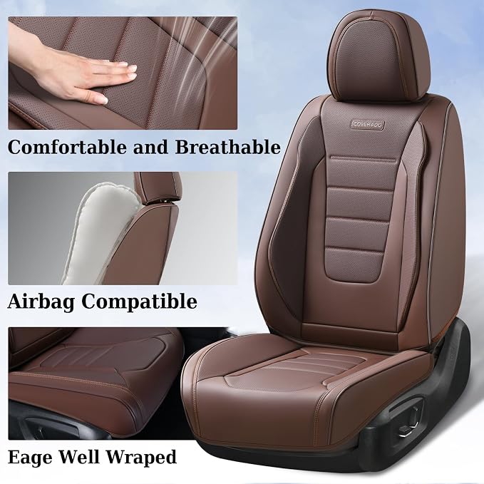 Coverado Car Seat Covers Front, Seat Covers for Cars, Waterproof 2-Pack Car Seat Cushions, Leather Carseat Seat Protectors, Universal Seat Covers Fit for Most Sedans SUV Pick-up Trucks(Brown) - Image 3