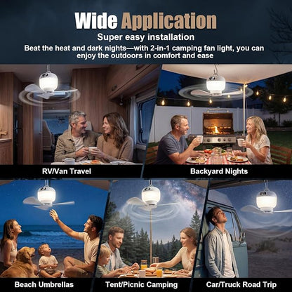Camping Fan with Light & Remote, Portable Ceiling Fan Wireless Rechargeable Tent Fan with 4 Speeds,3 Light Modes,Timer, Battery Powered Fan for Tents, Canopy, Beach, RV, Car, Camper & Outdoor - Image 8