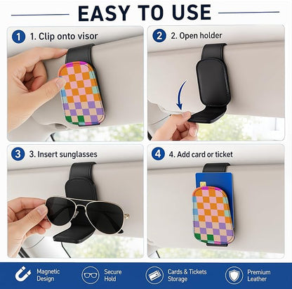 Leather Magnetic Sunglass Holder for Car Sun Visor, Cute Eyeglass Ticket Card Hanger Clip, Universal Auto Interior Accessories for SUV Pickup Truck, Color Checkered - Image 5
