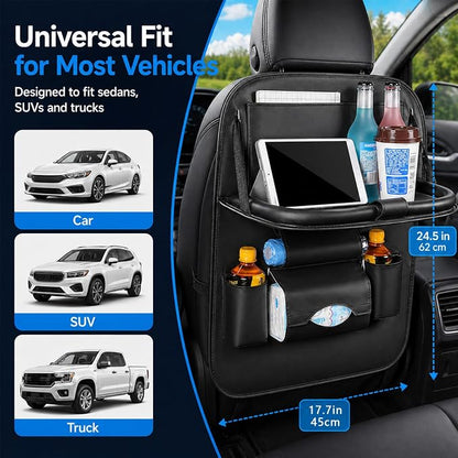 Universal Foldable Car Backseat Organizer with Table Tray, Car Seat Back Protector with Touch Screen Phone Holder, Premium Leather Kick Mats with Storage Pockets Tissue Holder (Black) - Image 7