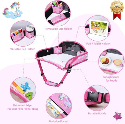 Toddler Car Seat Travel Tray FOR Road Trip Activities, Pink Unicorn | Kids Carseat Tray With 16.7" x 13.4" Smooth Dry Erase Board, Cup holders, Ddjustable Strap & Shoulder Carry Strap - Image 5