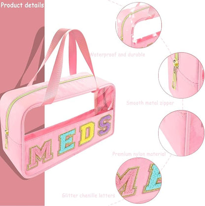 Bunliuys Chenille Letter Clear Makeup Bag Meds Patch, Travel Toiletry Makeup Bag with Handle, Nylon Waterproof Makeup Bags clear cosmetic bag, preppy patch makeup bag for Women (MEDS-Pink) - Image 3