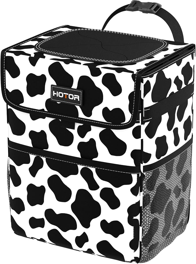 HOTOR Car Trash Can, Leak-Proof Car Organizer, Cow Print | 2-Gallon, Storage Bag for Back, Front or Console of Cars, Sedans, SUVs & Trucks, Easy-to-Install Car Accessory for Interior by HOTOR