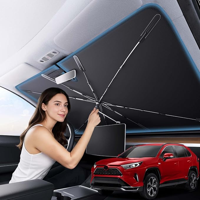 Zanch 2026 Upgraded Car Windshield Sun Shade [Cool Down by 75℉ ] with Heat Insulation Coating, Foldable Sunshade Umbrella Flexible Handle & Ribs, Medium (57''x32'') for Car, SUV, Truck, Van by Zanch
