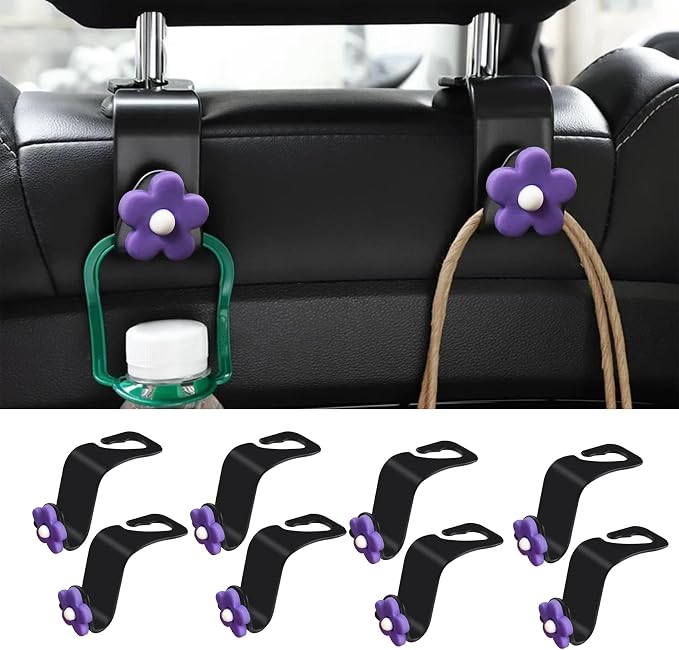 Car Headrest Hooks, Cute Flower Vehicle Seat Organizer Hooks for Purses and Bags, Portable Automotive Purse Hanger Holder Decoration, Universal Car Accessories for SUV, Sedan, Truck (Purple) by Unknown