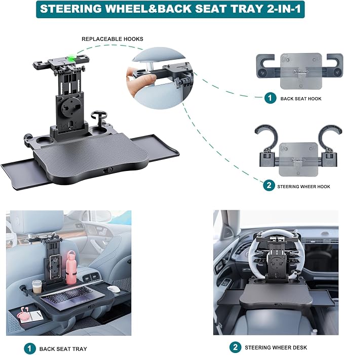 Car Steering Wheel Tray Back Seat Tray,Extension Steering Wheel Desk Car Food Eating Tray Table,Car Laptop Desk with Phone/Tablet/Cup Holder for SUVs,Trucks & Vans - Image 5