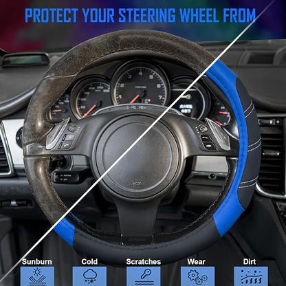 CAR PASS Line Rider Microfiber Leather Sporty Steering Wheel Cover Universal Fits for 95% Truck,SUV,Cars,14.5-15inch Anti-Slip Safety Comfortable Desgin (Black-Blue) - Image 4