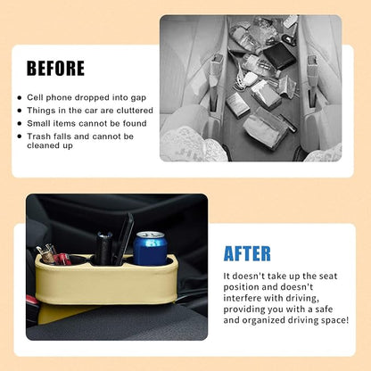 Car Cup Holder, PU Leather Auto Front Seat Organizer, Multifunctional Cup Drink Holders, Gap Filler Storage Box Coin Bucket Console Side Pocket Cell Mobile Phone Holder (Beige) - Image 4