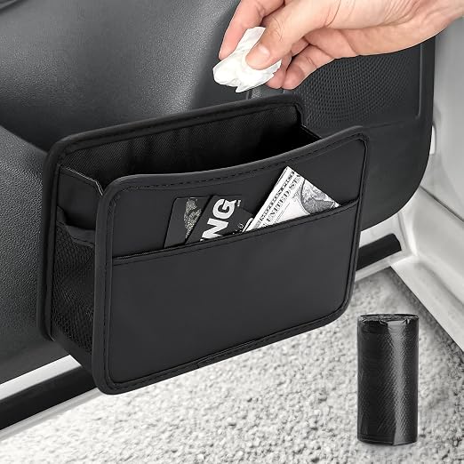 Accmor Collapsible Car Trash Can, Leather Vehicle Garbage Organizer Bin Holder with One Roll Trash Bag, Foldable Hanging Mini Cars Storage Bag Container for Auto, SUV (Black) by Accmor