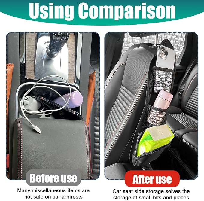 Car Seat Storage Hanging Bag, Car Seat Side Organizer, Multifunctional Cars Mesh Net Pocket, Multi-Pocket Seats Side Storage Interior Accessories Universal for Cars SUV Truck (Black, 1PCS) - Image 5
