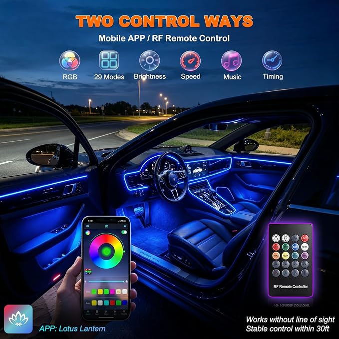 Jushope Interior Car LED Strip Lights, RGB 5 in 1 Car Ambient Lighting Kit | Wireless APP & RF Remote Control 16 Million Colors Music Sync, 236 inches Fiber Optic LED Lights for Car, USB or Hardwire - Image 3