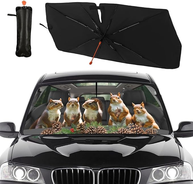 Funny Animal Squirrel Car Windshield Sun Shade Umbrella Bendable Handle Foldable Squirrel Sunshade for Car Windshield Block UV Rays Keep Vehicle Cool for Most Sedans SUV Trucks Cars 57"x30" - Image 2