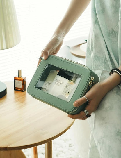 Clear Makeup Bag with Zipper Travel Toilrty Bag Sage Green Medium | Structured Clear Cosmetic Case for Women, Car Essential Organizer Bag, Waterproof PU Leather, Dual Zipper, Wide Opening - Image 7