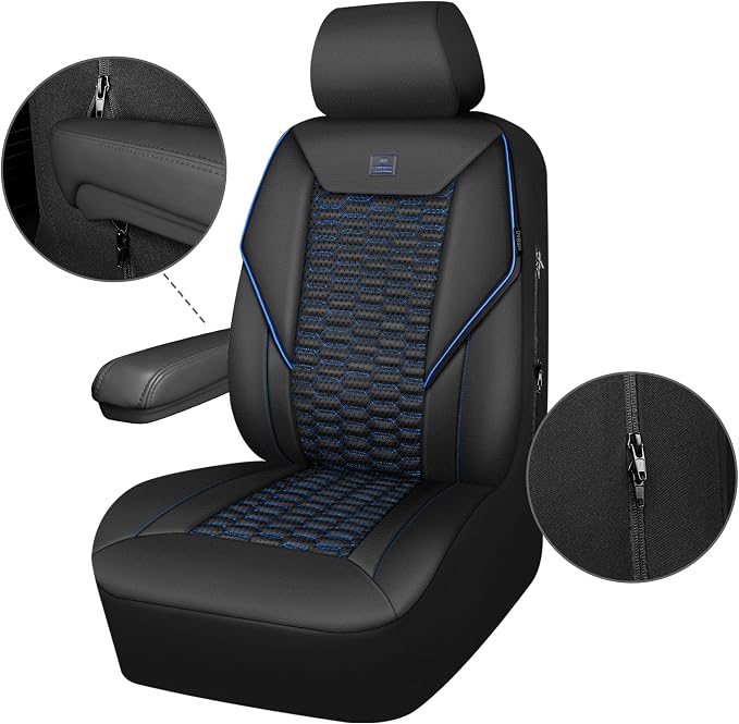 CAR PASS 3D Foam PU Leather Car Seat Covers Full Set,Luxury Breathable Faux Leather Seat Covers for Car,Anti Slip Universal Fit for SUVs Vans Sedan Truck Auto,Armrest Airbag Compatible,Black and Blue - Image 9