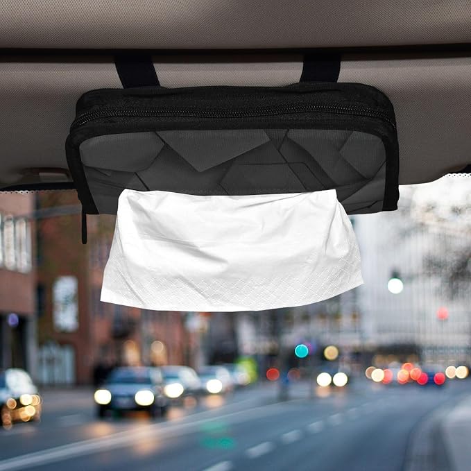Car Tissue Holder Car Napkin Holder Car Tissue Box Dispenser Storage Case Sun Visor Mask Holder with Adjustable Straps Reusable Refillable Black Geometric Polygon - Image 6