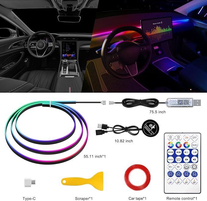 Dreamcolor Acrylic Interior Car LED Strip Light with Motion Sensor Switch, 55.1 inches Neon LED Strip Light, RGB Colors Ambient Lighting Kits - Image 3