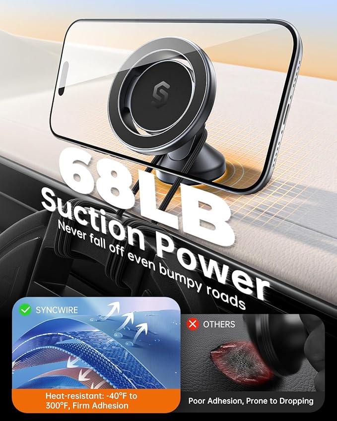 SYNCWIRE MagSafe Car Mount, Adjustable Magnetic Phone Holder, Space Gray | 360° Rotating Strong Magnet Phone Mount with 3M VHB Adhesive, Compatible with iPhone 17/16/15/14/13/12 & MagSafe Cases - Image 4