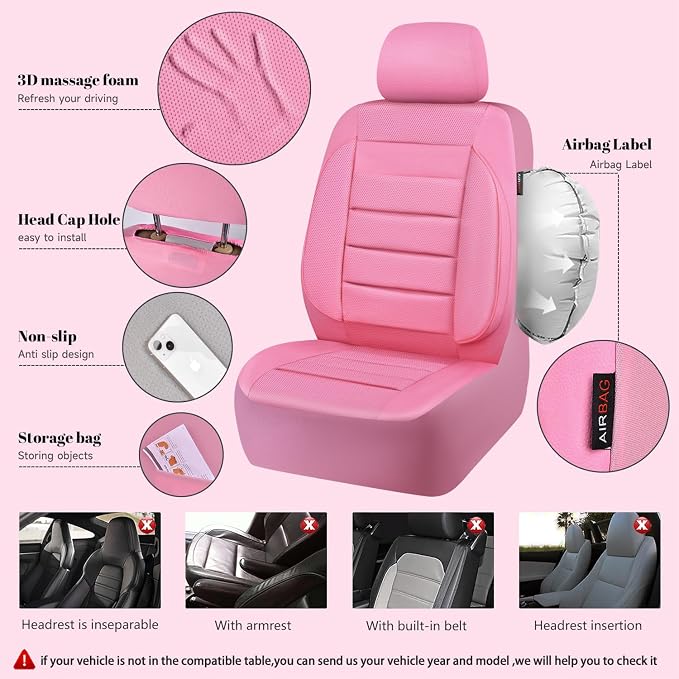 CAR PASS Pink Leather Seat Covers Full Set Universal Water Resistant 3D Foam Back Support, Luxury Comfort Automotive 5 Seat Covers for Women All Season Fit SUV,Sedan,Van, Airbag Compatible Pink - Image 8