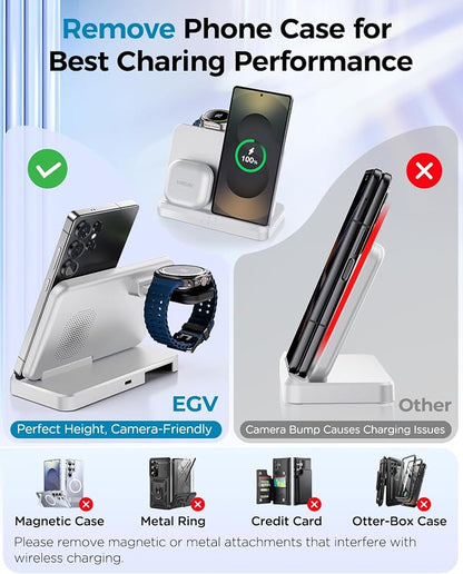 3 in 1 Wireless Charger Station for Galaxy S26 Ultra S25 S24, Foldable | Fast Charging for Z Fold Flip 7/6, Detachable Watch Charger for Galaxy Ultra 8/7/6, Compact & Portable, No Adapter, White - Image 3
