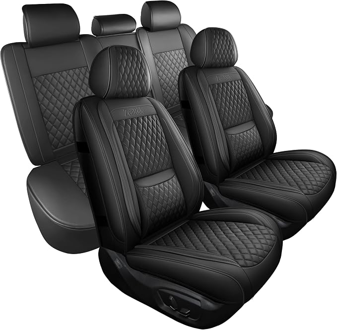 Black Thick Nappa Leather 3D Contoured Automotive Car Seat Covers Full Set | Univerasal Fit,Lumbar Support,3D Contoured,Semi Coverage,Waterproof,ThickTexture,for most Suvs Trucks Sedans by ZenRideCarCare