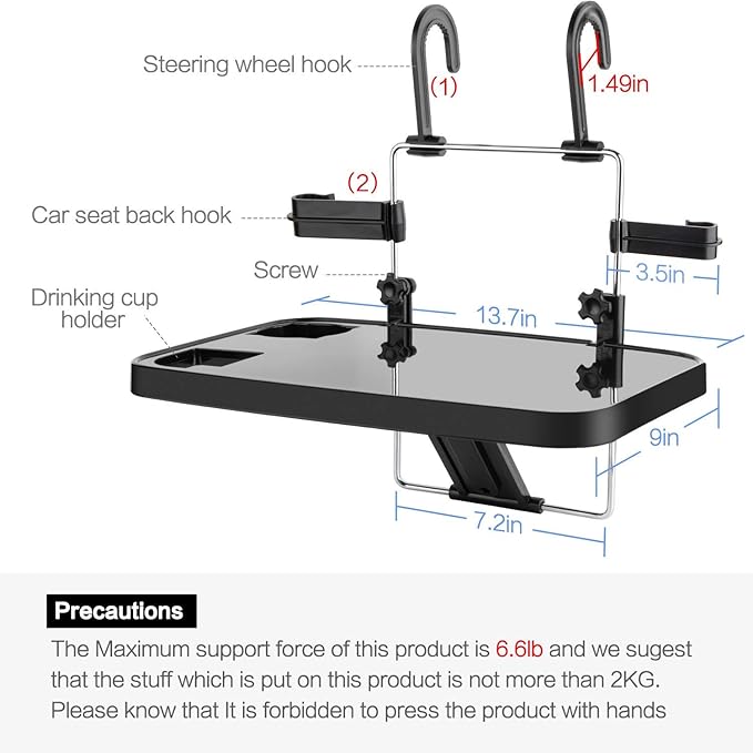 Foldable Car Seat Back Portable Tray for Food Dining Drink and Laptop, Hanging Car Steering Wheel Tray (Black) - Image 5