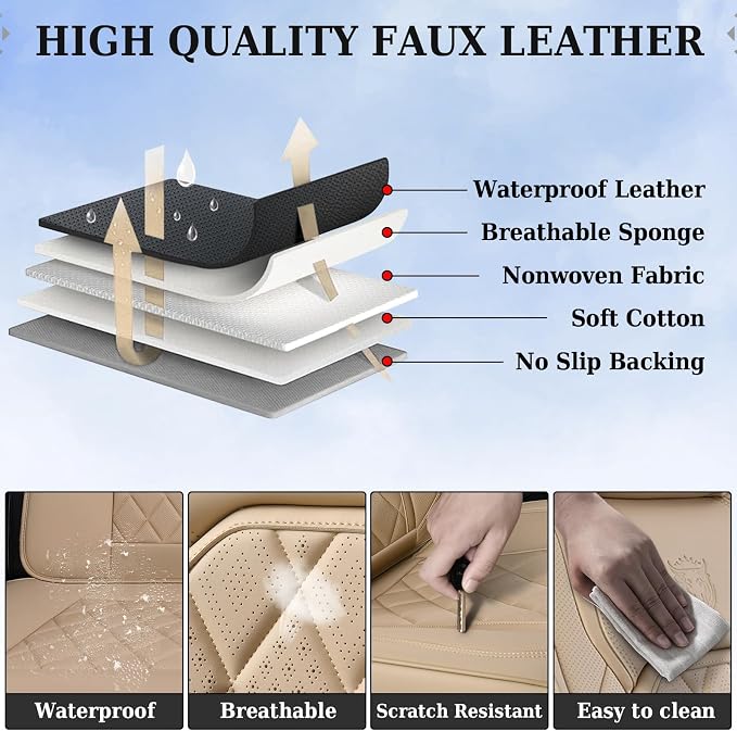Coverado Front Seat Covers, 2-Pack Luxury Faux Leather Car Seat Cover, Beige Seat Covers, Car Seat Protector Waterproof, Car Seat Cushion Driver Seat Cover Universal Fit for Most Cars, Beige - Image 7