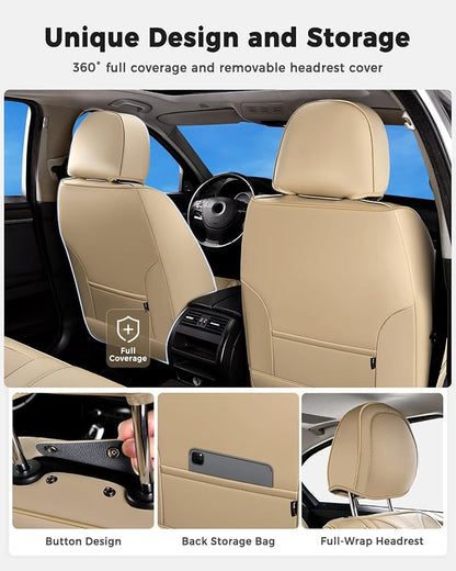 Huidasource Beige Seat Covers Luxury Nappa Leather, Car Seat Cover with Velcro Adjustable, Airbag, Lumbar Support, Cooling＆Heating, Automotive Seat Covers Universal Fit for Most Cars SUV Trucks Beige - Image 6