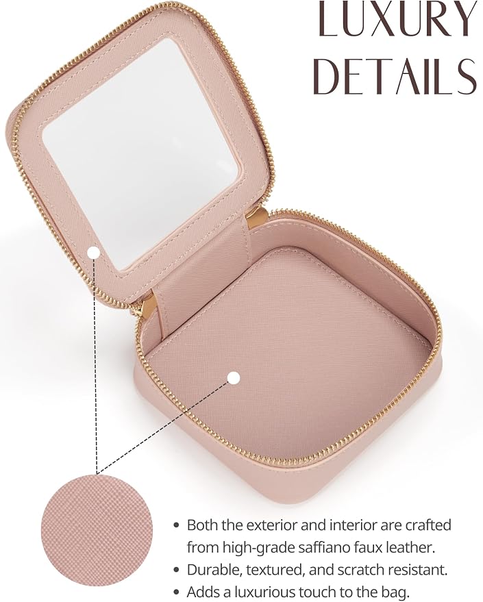 Small Clear Makeup Bag for Purse, Travel Cosmetic Case, Mauve, Mini | Waterproof PU Leather, Transparent Square Make Up Pouch with Zipper, Tiny Pink Toiletry Organizer Bag Women Car Essential Bag - Image 6