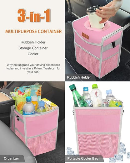 Pritent Car Trash Can with Lid Leakproof Car Garbage Bag Vehicle Trash Bin | Hanging Automotive Garbage Can,Multipurpose Car Accessories for Women Men Interior Car Storage Organizer(2 Gal,Pink) - Image 5