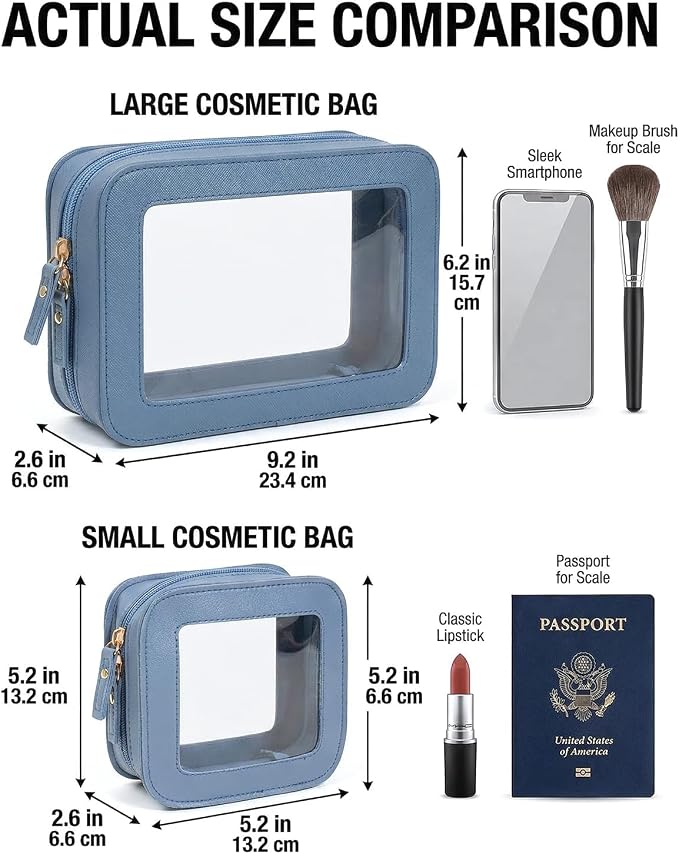 Clear Makeup Bag Organizer Set, Travel Toiletry Bag for Women, Waterproof Cosmetic Pouch with Zippers, Car Accessories Organizers and Storage Case (2Pack-Standard&Square, Blue) - Image 7