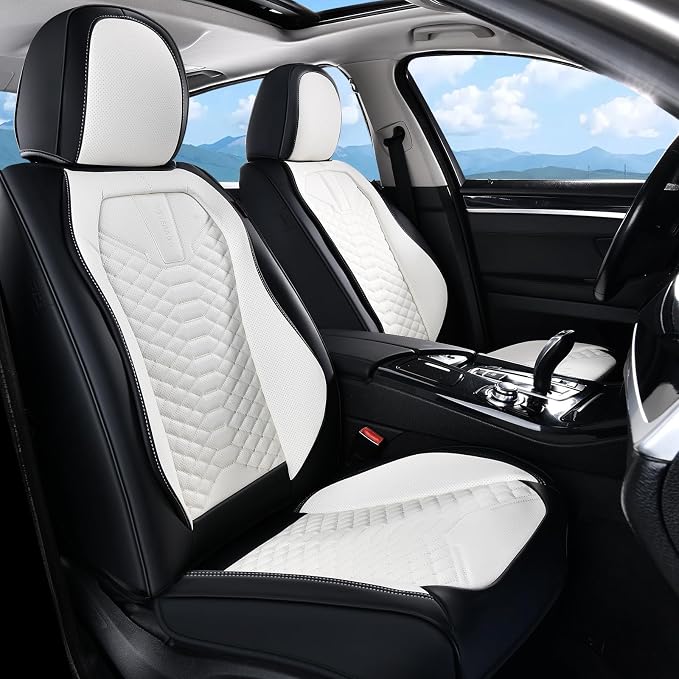 Coverado Car Seat Covers, Front Seat Cover, Waterproof Nappa Leather Seat Covers for Cars, 2 Pack Driver Car Seat Protectors, Automotive Seat Covers Universal Fit for Most Cars, Black&White by COVERADOAUTO