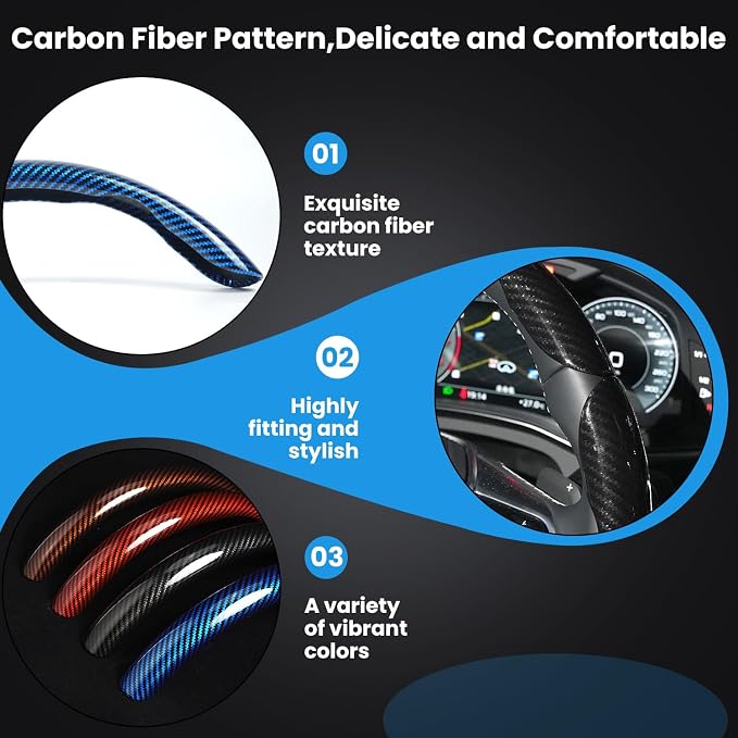 Hiseanllo Carbon Fiber Steering Wheel Cover 3PCS Set – Anti-Slip, Scratch-Resistant, Universal Fit for 14–16 Inch Wheels – Interior Car Accessories for Cars, SUVs, Trucks (Red) - Image 3