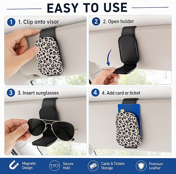 Leather Magnetic Sunglass Holder for Car Sun Visor, Cute Eyeglass Ticket Card Hanger Clip, Universal Auto Interior Accessories for SUV Pickup Truck, White Leopard - Image 5