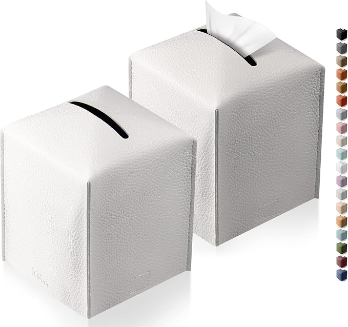 Tissue Box Cover, Tclouda, Modern PU Leather Square Tissue Box Holder for Creative Decorative, 2 Pack, Ideal for Bathrooms/Office/Car/Nightstand/Outdoor Tent/Dining Table, 5"X5"X5", Double White by Tclouda