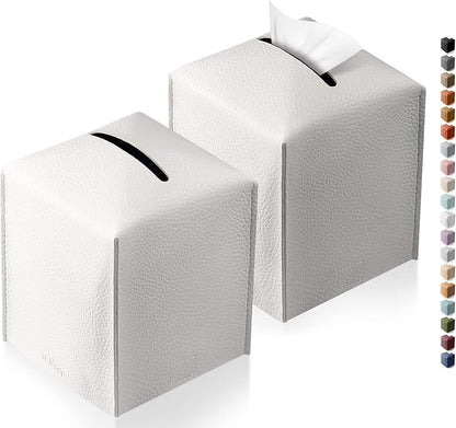 Tissue Box Cover, Tclouda, Modern PU Leather Square Tissue Box Holder for Creative Decorative, 2 Pack, Ideal for Bathrooms/Office/Car/Nightstand/Outdoor Tent/Dining Table, 5"X5"X5", Double White by Tclouda