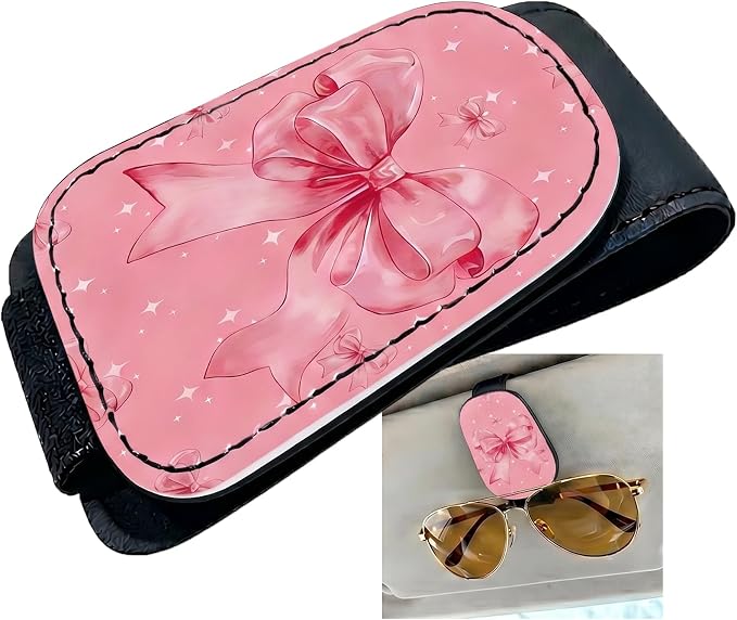 Bow Car Sunglasses Holder Magnetic Leather Glasses Clip for Car Sun Visor Cute Bow Print Cars Accessories Eyeglass Hanger Organizer Universal Visor Clip for Women Gift Interior Decor by TRXYQ