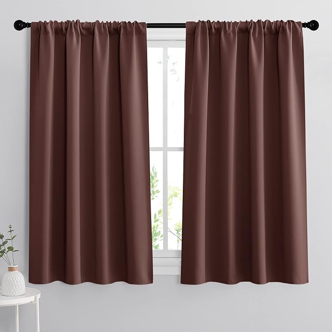 RYB HOME Short Blackout Curtains for Bedroom, Room Darkening Insulated | Rod Pocket, Summer Heat Light UV Blocking, Energy Saving, Drapes for Nursery, W34 x L45, Chocolate Brown, 2 Panels by RYBHOME