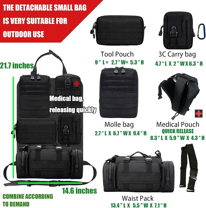 7 PACK Tactical Seat back organizer Truck organizer With 6 Detachable Pouches Universal For Car Truck Ford Jeep Military-Grade Heavier Panels With Multi-functional Packs (2 Set Black) - Image 2
