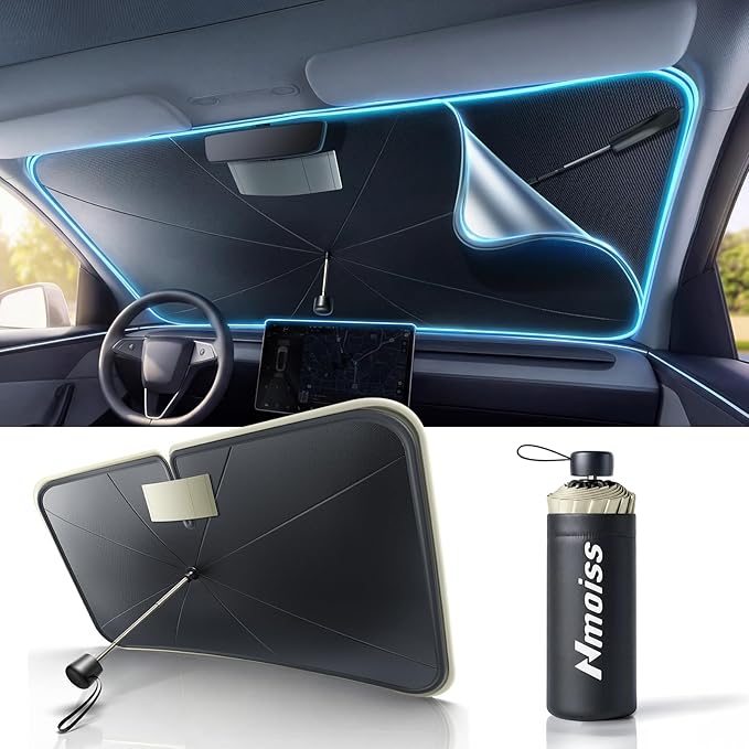 2026 Upgraded Nmoiss True Dual Layer Air Cool Windshield Sun Shade Umbrella | Drive to Superior Coolness & Comfort Block 99% UV Sun Rays & Heat Damage Keep Cool Protect Interior Zero Light Leakage L by Nmoiss