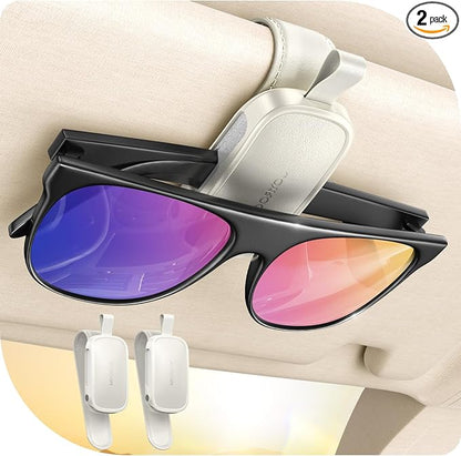 JOYROOM Magnetic Leather Sunglass Holder for Car Visor - 2 Pack（Cream） | One hand magnetic glasses holder for car visor clip, Soft leather lining protects frames, fits all auto sunglasses. by JOYROOM