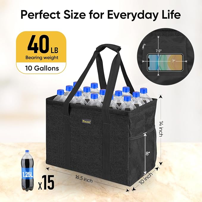 BALEINE Extra Large Utility Tote Bag with Reinforced Wire Frame, Reusable Grocery Bag for Shopping, Picnic (Black, 16.5''x14''x10'') - Image 4