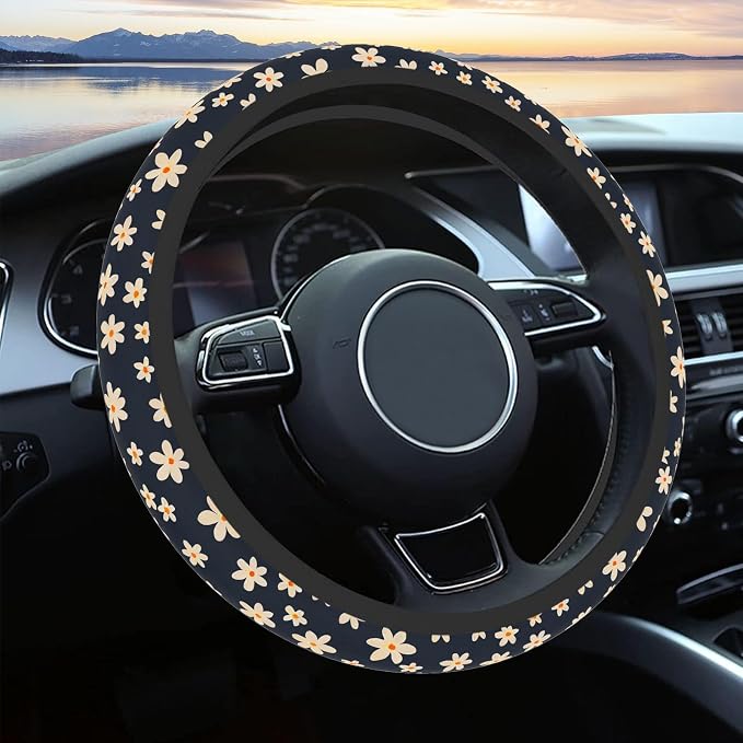 Steering Wheel Cover Neoprene Material Most Cars Men&Women Universal 15 inch Premium Non-Slip Spring Steering Wheel Protector Floral Car Accessories (Daisy Flower) by KeepCarTidy