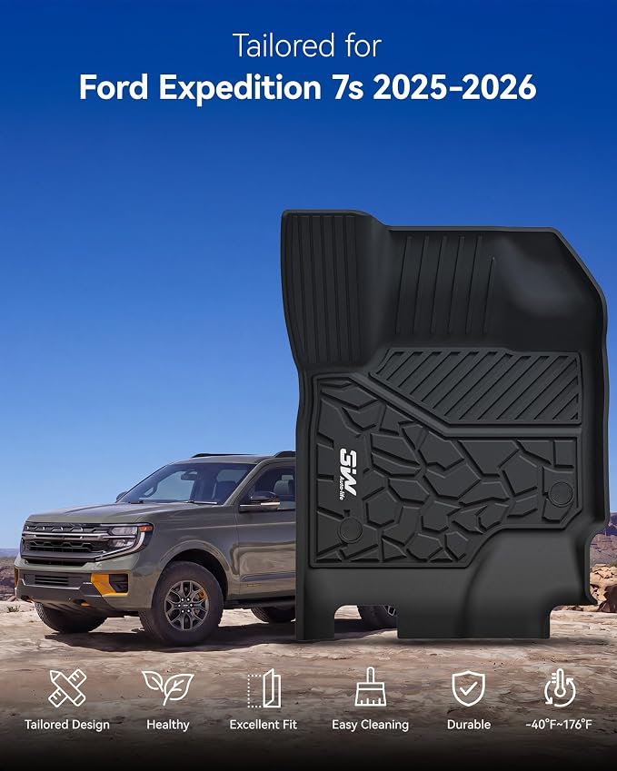 3W Floor Mats & Cargo Liner & Backrest Mat for 2025-2026 Ford Expedition | Only Standard 7 Seats, Easy Clean 100% TPE All Weather Custom Fit for Expedition Car Liners,Full Protection Mats, Black 5pcs - Image 2